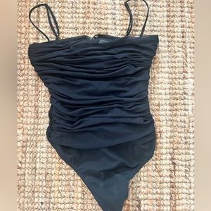 Babaton Aritizia black mesh knit ruched sleeveless bodysuit